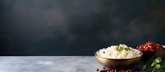 Poster - A delectable dish of rice and beans arranged on a stylish grey marble table ready to be savored Ample space available for text in the image