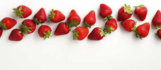 Aufkleber - A top down view of juicy ripe strawberries rests on a pristine white surface evoking the essence of fresh organic summer fruit The vibrant red berries create a vivid contrast against the blank canvas