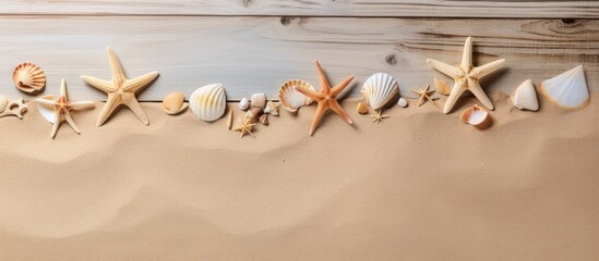 Poster - A sunny beach scene with a variety of accessories like sunscreen seashells starfish a towel and flip flops displayed from a top down perspective on a wooden board offering plenty of copy space
