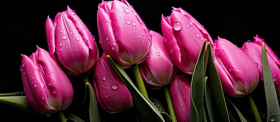Aufkleber - An isolated copy space image of wet tulips in a dark pink hue set against a black background