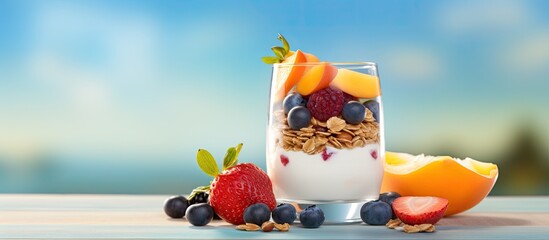 Aufkleber - A nutritious and delicious breakfast option featuring granola yogurt fruits nuts and a dessert parfait with dried fruits for a wholesome morning meal Enrich your breakfast with this copy space image