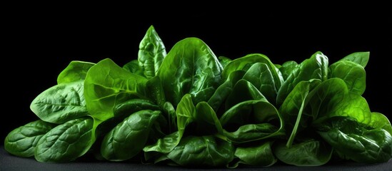 Canvas Print - A vibrant image of fresh green spinach set against a dark black background creating ample copy space This evokes a sense of a healthy and nutritious diet