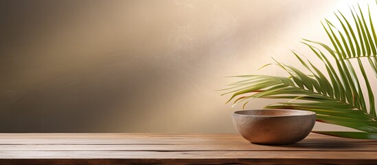 Aufkleber - Aesthetic copy space image of a spa setting with a palm leaf placed delicately on a wooden table