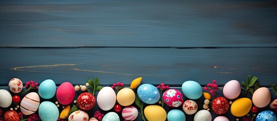 Aufkleber - A creative frame surrounds a beautiful arrangement of colorful Easter eggs on a blue wooden table with ample copy space for customization