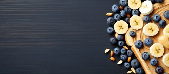 Poster - Top view of a peanut butter sandwich with bananas and blueberries providing ample space for text in the image