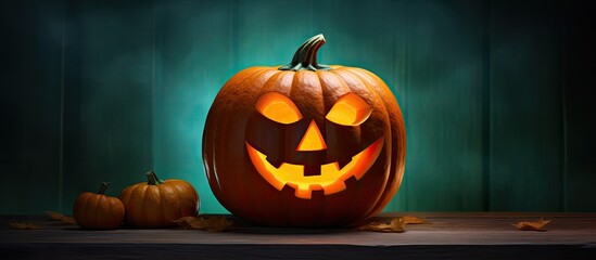 Poster - A spooky Jack o Lantern with a glowing candle adds a festive touch to Halloween decorations This scary face carved into a pumpkin brings the spooky season to life against a green background providing