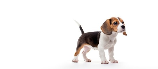 Poster - The cute beagle with its white and brown fur bends its head towards the left side and stands on its hind legs It stands in front of a white background providing copy space for text and advertisements