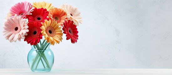 Leinwandbilder - A stunning arrangement of vibrant gerbera flowers sits gracefully in a vase on a white marble table set against a soft light blue backdrop Ample space is available for adding text to the image