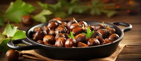 Aufkleber - Chestnuts perfectly roasted and served in a rustic chestnut pan rest on a vintage table creating a charming copy space image