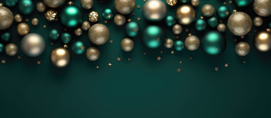 Canvas Print - A festive Christmas background with shiny balls on a green backdrop perfect for flat lay and top view photography Plenty of copy space available