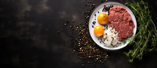 Poster - A plate of ground beef pork or lamb mixed with spices herbs and eggs sits on a white plate against a black old concrete background creating a copy space image This fresh minced meat is ready to be co