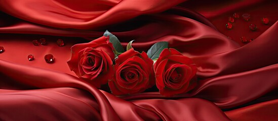 Poster - A crimson silk fabric with a textured drape serves as an abstract background along with roses creating a design element for Valentine s Day The red silk adds a touch of elegance to the overall patter