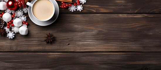 Poster - A delightful top down view of a Christmas themed background featuring a steaming mug of hot cocoa adorned with fluffy marshmallows with plenty of empty space for additional content