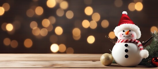 Poster - Christmas decorations with a snowman and pine tree against a wooden desk creating a festive copy space image