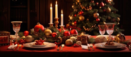 Poster - The Christmas table place setting is picture perfect with all the necessary elements arranged beautifully The copy space image showcases a warm and inviting atmosphere for a delightful family holiday