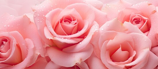 Poster - Soft pastel toned close up image of sweet pink English roses known as Sister Elizabeth roses adorned with water droplets providing ample room for Valentine s card or background purposes