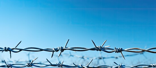 Canvas Print - Copy space image of a fence with iron barbed wire creating a symbolic representation of freedom against a blue sky backdrop with a shallow depth of field