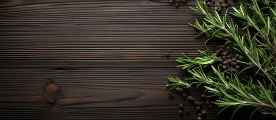 Poster - Dark wooden background with a sprig of rosemary and black pepper providing ample copy space for text