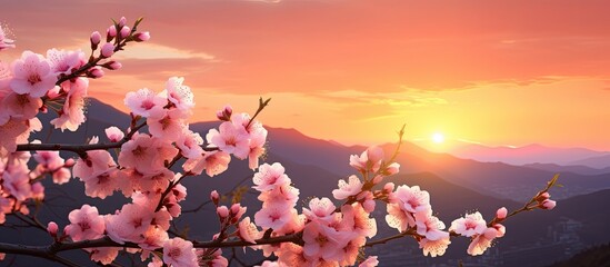 Poster - A beautiful sunset scene with peach blossoms in full bloom providing a picturesque copy space image
