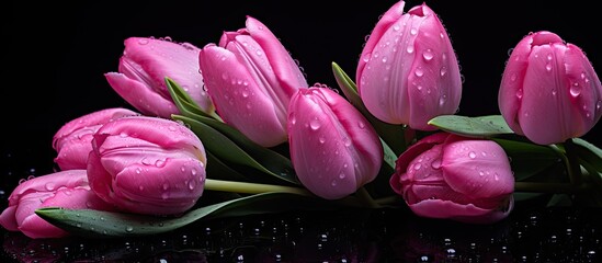 Aufkleber - An isolated copy space image of wet tulips in a dark pink hue set against a black background