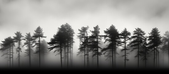 Wall Mural - A black and white image showcasing pine trees. Creative banner. Copyspace image