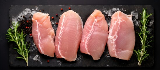 Aufkleber - A view from the top of raw sliced chicken breast fillet steaks on a marble board with a black background leaving space for a picture. Creative banner. Copyspace image