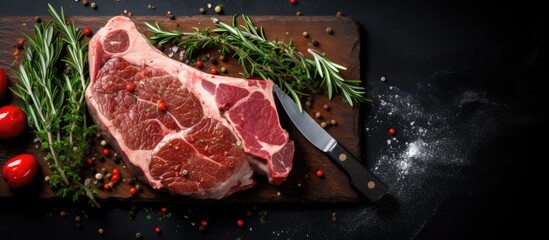 Poster - Top view of a juicy raw pork steak on a black cutting board with a meat knife nearby Copy space image