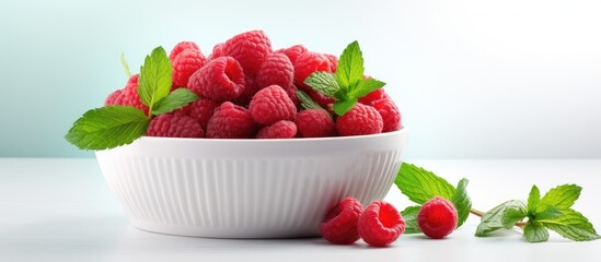 Aufkleber - A closeup copy space image of a bowl containing fresh raspberries and mint leaves placed on a light background