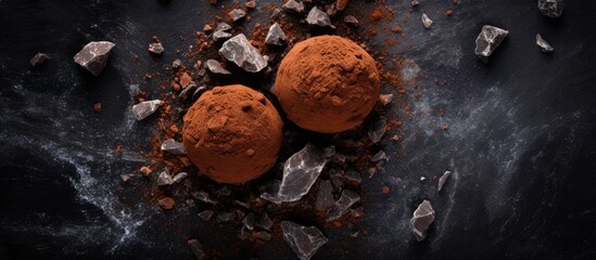 Poster - A top view of a chocolate truffle candy on a dark stone background adorned with cacao powder chocolate chips and silver sugar thongs Copy space image