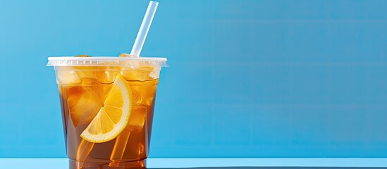 Poster - A close up shot of a refreshing ice lemon tea in a clear plastic cup complemented by a pastel yellow straw It is placed on a marble table against a pastel blue background providing ample copy space f
