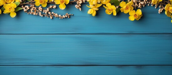 Aufkleber - A flat lay top view copy space image showcasing a frame of yellow flowers arranged on a blue wooden background evoking a sense of Easter spring and summer