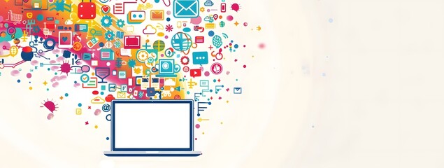 Poster - technology laptop with a white screen surrounded by colorful icons representing digital marketing and social media, such as Instagram symbols or search engine success buttons