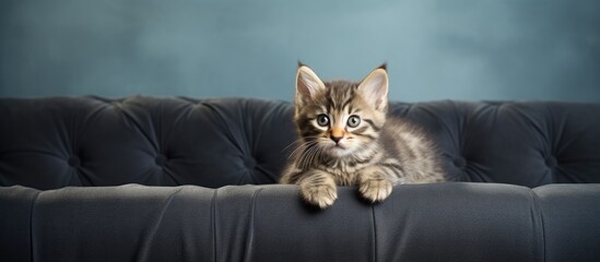 Poster - Indoor tabby kitten on sofa with space for text a cute baby animal. Creative banner. Copyspace image