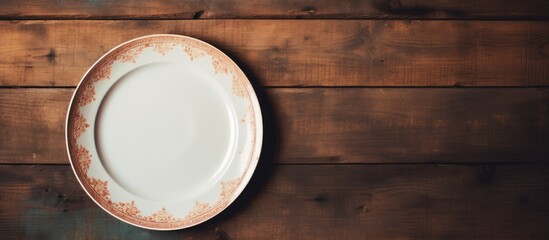 Poster - A vintage toned copy space image of a white plate resting on a napkin placed on a wooden tabletop against a grunge wall
