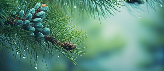 Wall Mural - A pine tree with dew covered leaves and small cones on its branches creates an abstract nature background providing ample copy space