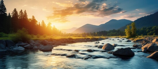 Poster - During the golden hour of sunset a picturesque mountain river flows providing a serene backdrop with ample copy space for text
