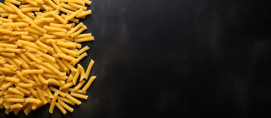 Aufkleber - A set of long yellow uncooked dried pasta is arranged on a black stone background viewed from the top with ample space for text