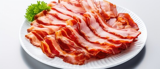 Poster - A close up top view image of delicious grilled bacon chicken and pork ham arranged on a white dish with a gray tablecloth The image is isolated and has a blurred background with ample copy space