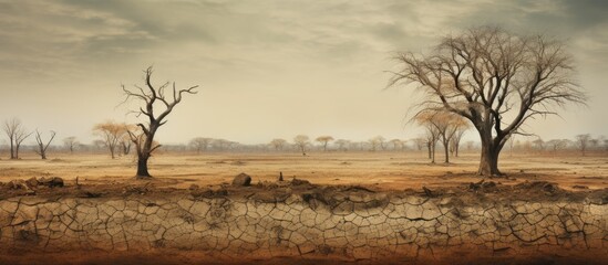 Wall Mural - Struggling trees coping with a drought crisis surviving against all odds. Creative banner. Copyspace image