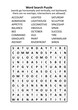 Word search puzzle (general knowledge, family friendly, words ACCOUNT - WREN). Answer included.
