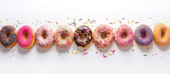 Sticker - A copy space image of vibrant donuts with a variety of icings colorful sprinkles and the word donuts written on a white background