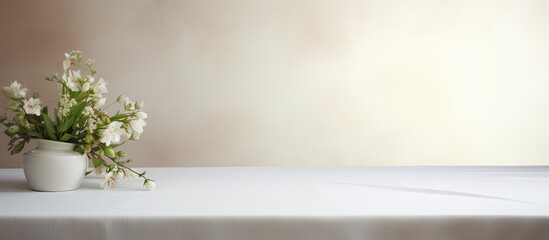 Aufkleber - A clean white tablecloth elegantly covers a pristine wooden table creating a visually pleasing arrangement with space available for adding text or images. Creative banner. Copyspace image