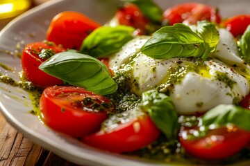 Poster - Closeup of a white plate topped with fresh red tomatoes and creamy mozzarella cheese