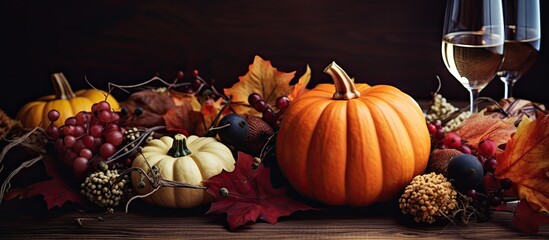 Poster - Festive autumn thanksgiving table with blank menu invite card and pumpkins providing a copy space image
