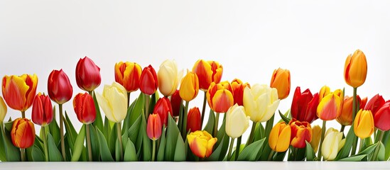 Poster - A copy space image featuring a stunning collection of red and yellow tulip flowers set against a clean white background