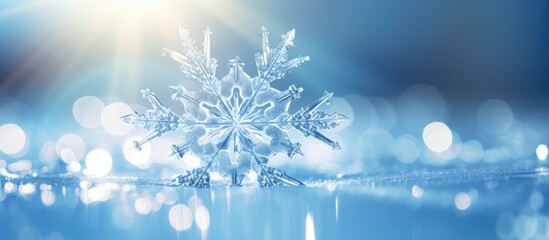 Fototapete - A stunning ice crystal sparkles in the sunlight set against a blue bokeh background It makes for the perfect Christmas greeting card with plenty of copy space for text