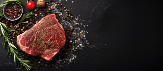 Poster - Top view of a delicious steak seasoned with spices and herbs served on a black stone background Copy space image for your text