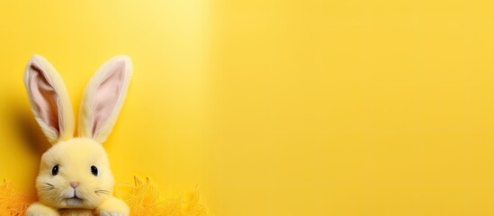 Aufkleber - A yellow velvet bunny is displayed on a yellow background with copy space image at the top and bottom creating a flat lay easter and kids party concept