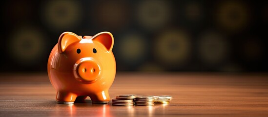 Poster - A coin being placed in a piggy bank on a table representing the idea of saving money Copy space image