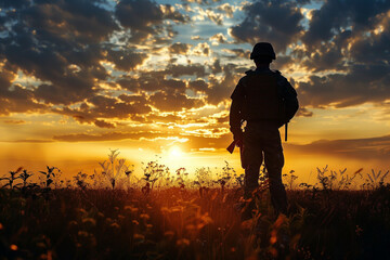 A soldier stands in a field at sunset, holding a rifle. The sky is filled with clouds, and the sun is setting in the distance. Scene is peaceful and serene, as the soldier stands alone in the field